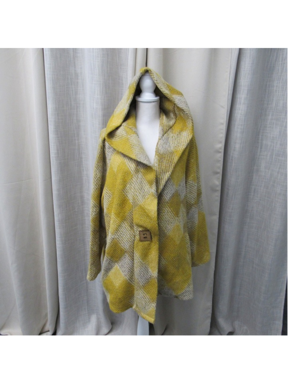 Soft Surroundings Hooded Plaid Cardigan Jacket Yellow Gray Textured Diamond 2XL